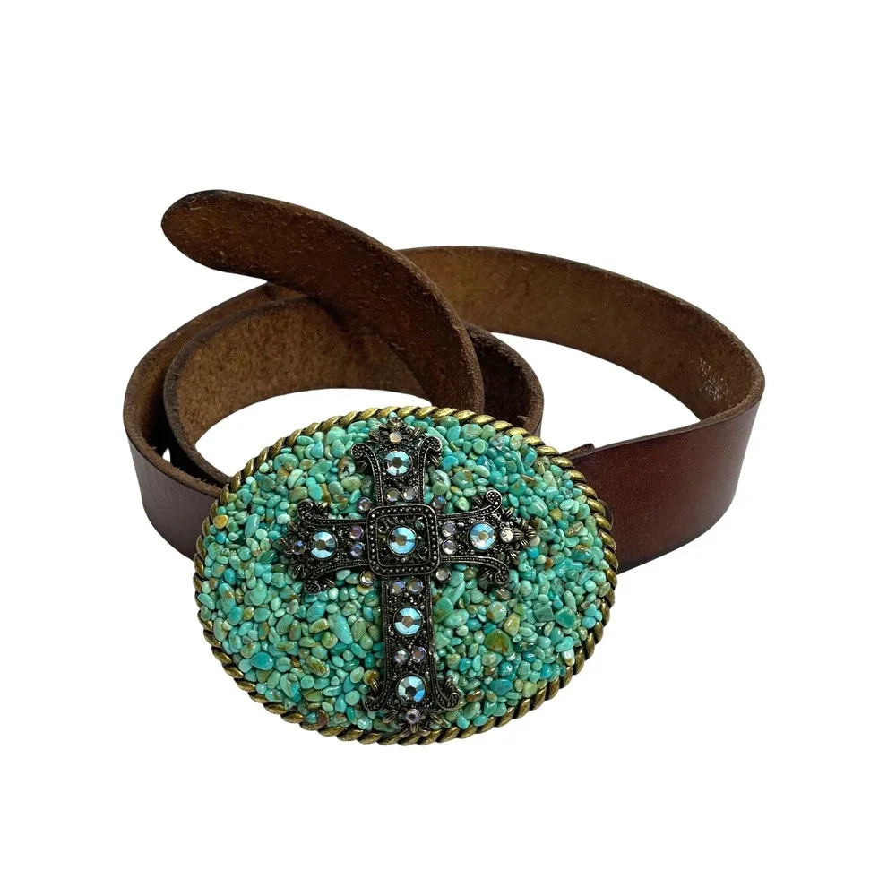 Vintage Leather Rhinestone statement belt Cross Turquoise‎ Size 36 boho western